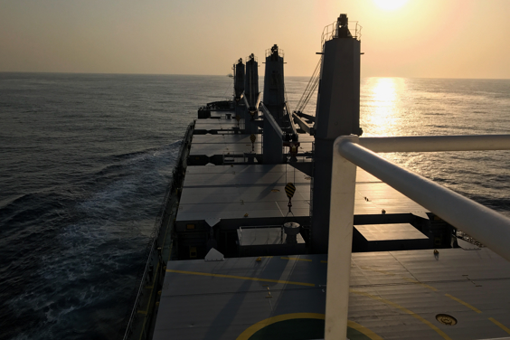 Bulk carrier at sunset
