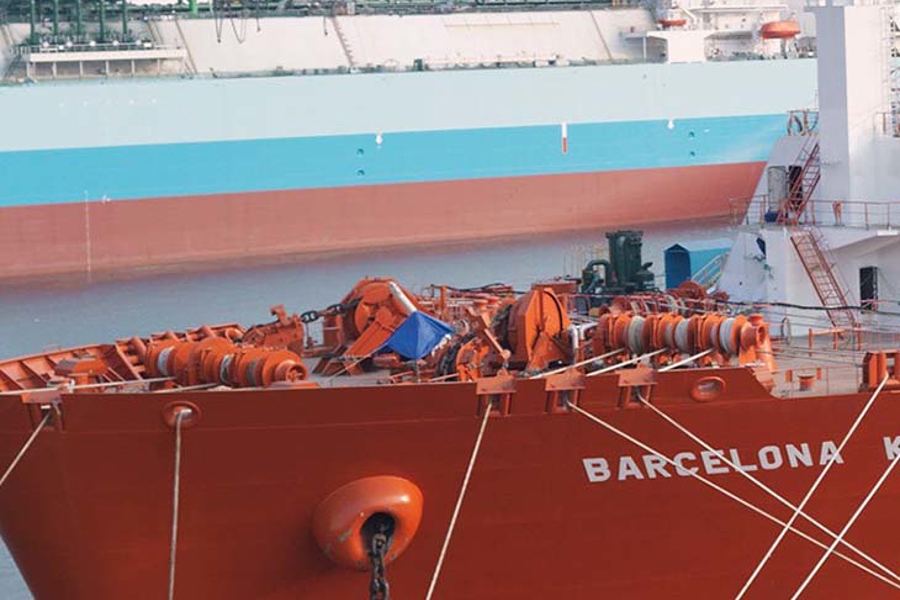 Red Barcelona ship under construction.